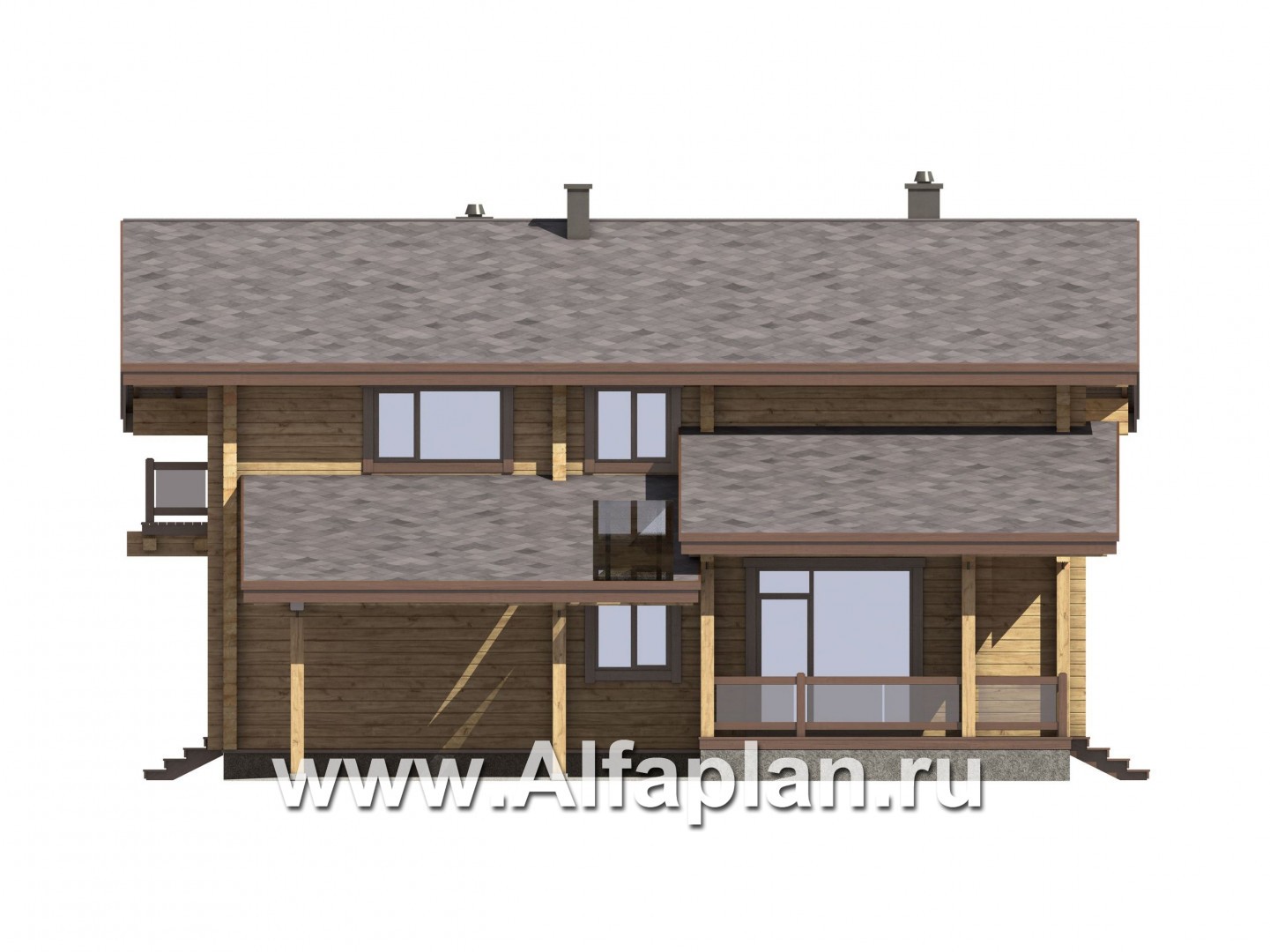 Проекты домов Альфаплан - Проект дома из бруса с навесом для машины и угловой террасой - изображение фасада №1