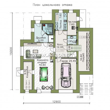 «Амур» - проект трехэтажного дома, с  гаражом в цоколе и с сауной, с двусветной гостиной - превью план дома