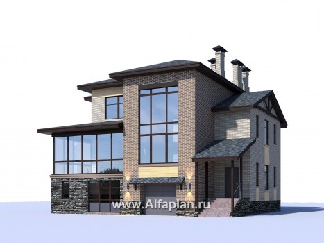 «Амур» - проект трехэтажного дома, с  гаражом в цоколе и с сауной, с двусветной гостиной - превью дополнительного изображения №1