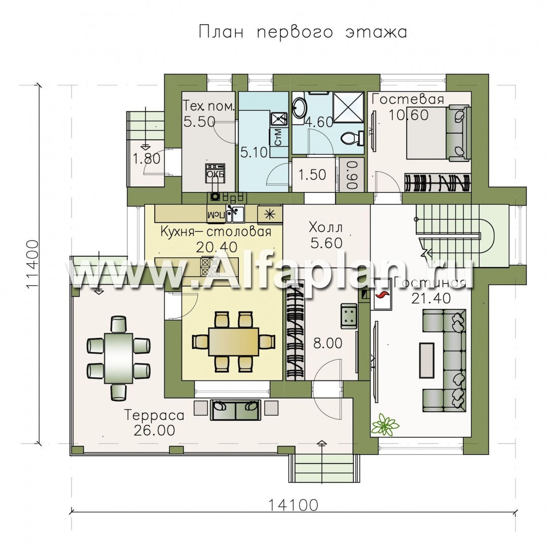 Проекты домов Альфаплан - «Роман с камнем» — двухэтажный коттедж, со скрытой установкой ролет на окнах 1-го этажа - план проекта №1