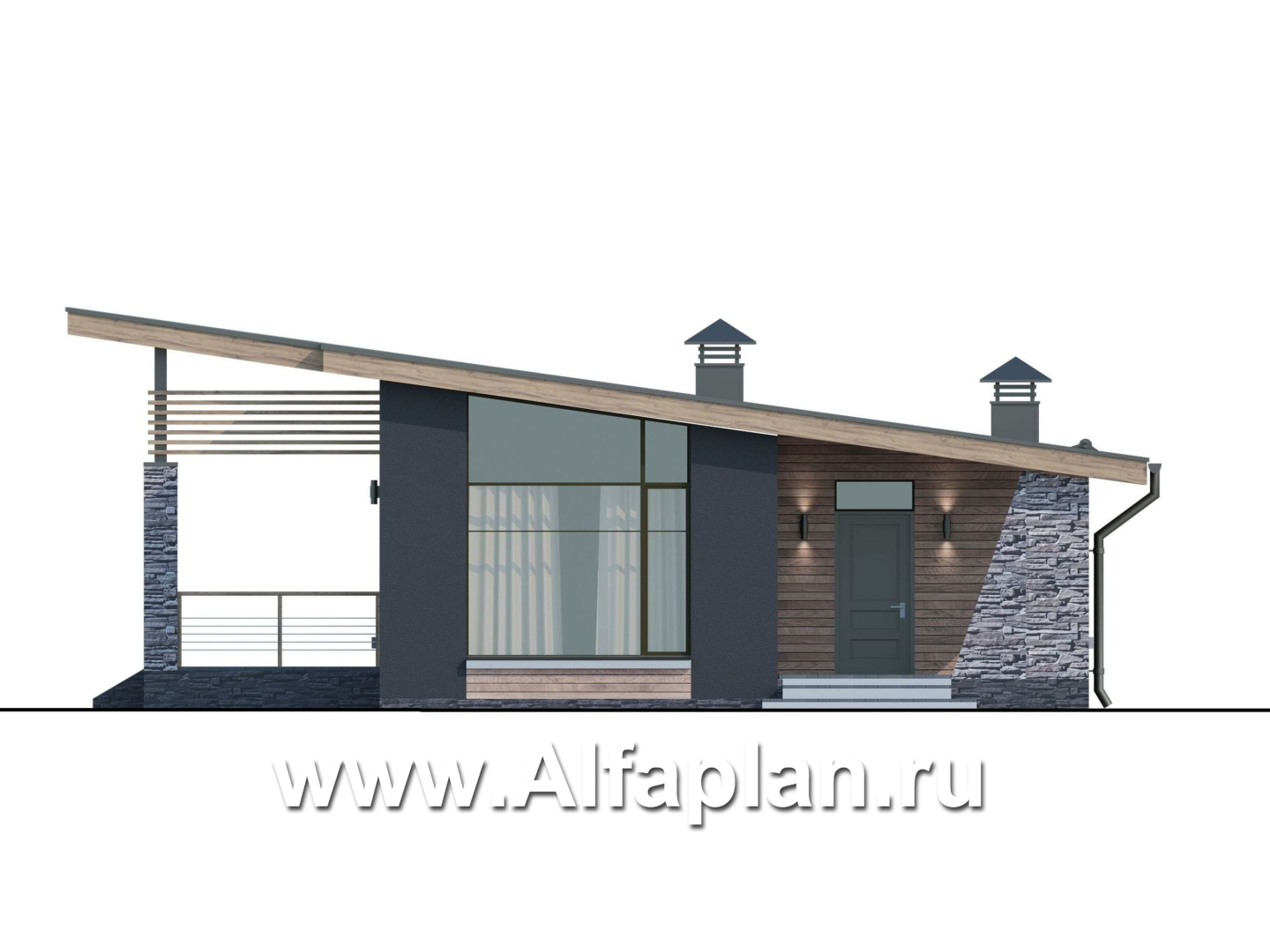 Проекты домов Альфаплан - «Корица» - проект дома с односкатной крышей, с двумя спальнями - изображение фасада №1