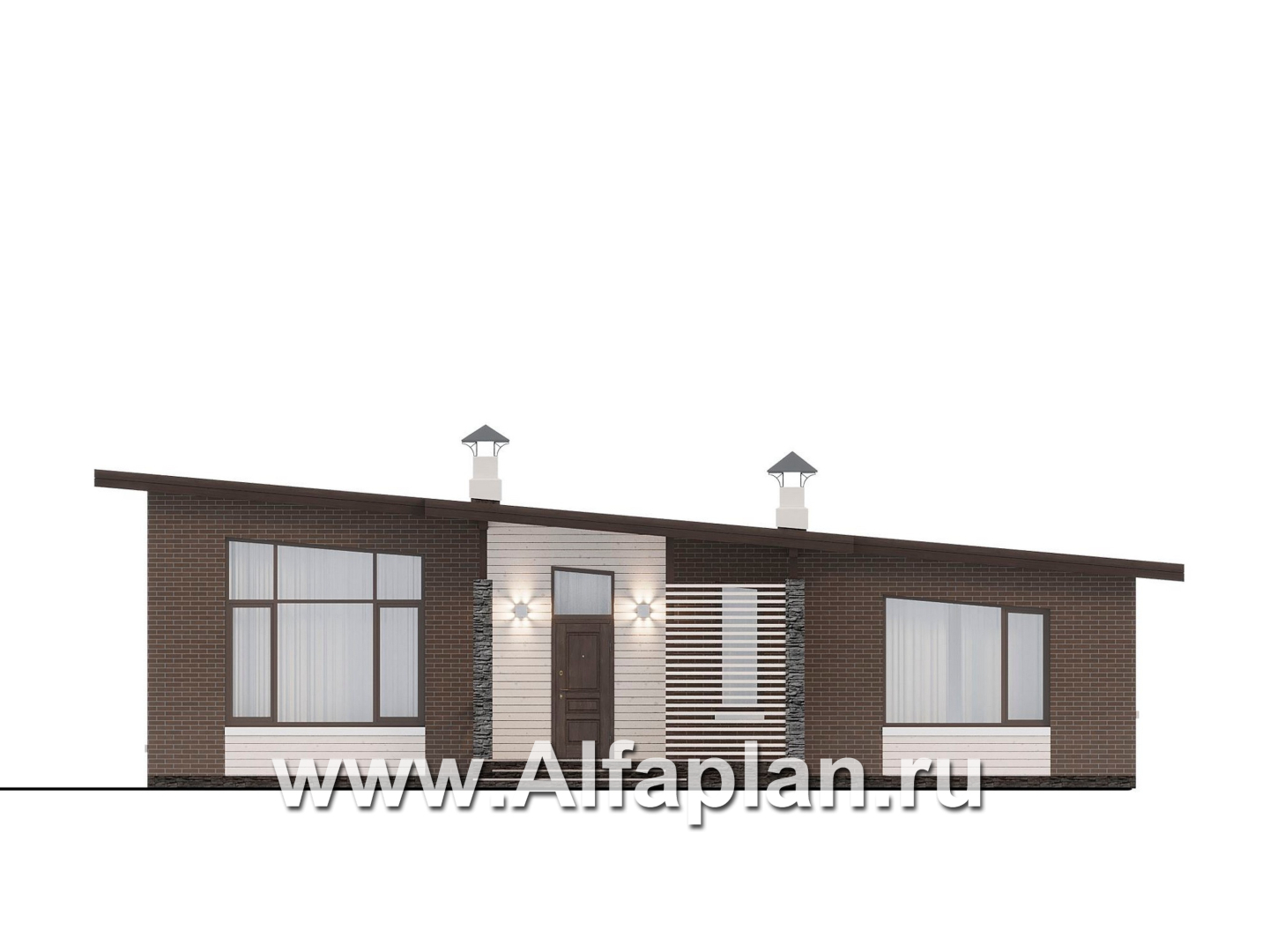 Проекты домов Альфаплан - "Стрелец" -проект газобетонного одноэтажного дома с односкатной крышей - изображение фасада №1