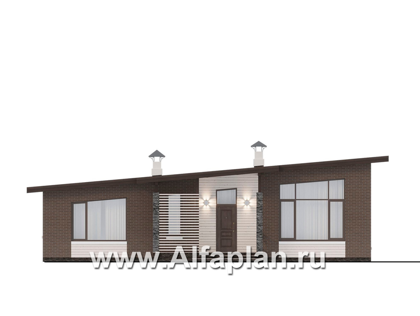 Проекты домов Альфаплан - "Стрелец" -проект газобетонного одноэтажного дома с односкатной крышей - изображение фасада №1