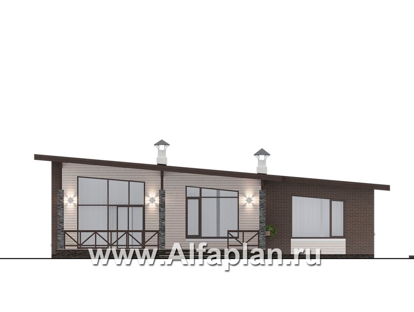 Проекты домов Альфаплан - "Стрелец" -проект газобетонного одноэтажного дома с односкатной крышей - изображение фасада №4