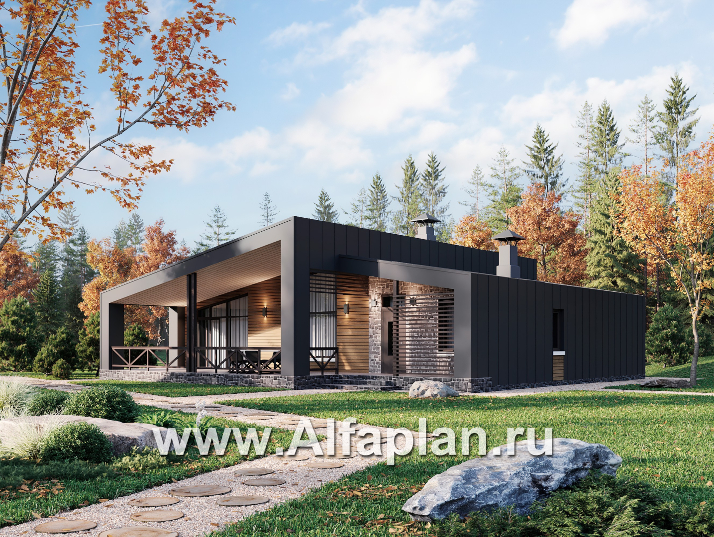 Проекты домов Альфаплан - "Аметист" - экономичный одноэтажный дом в стиле барнхаус - основное изображение