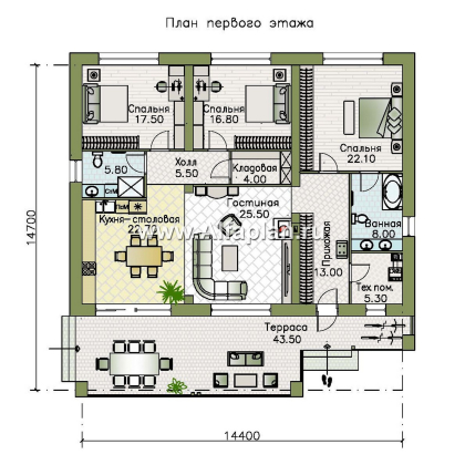 Проекты домов Альфаплан - "Аметист" - экономичный одноэтажный дом в стиле барнхаус - превью плана проекта №1
