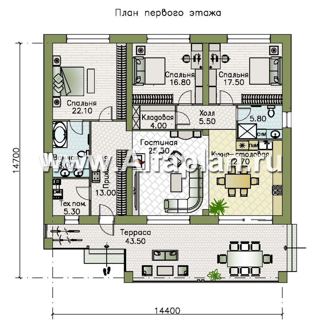 Проекты домов Альфаплан - "Аметист" - экономичный одноэтажный дом в стиле барнхаус - план проекта №1