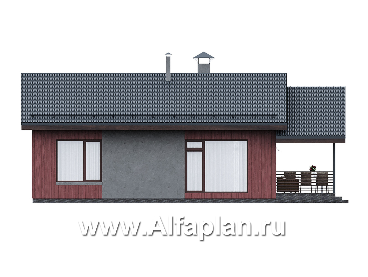 Проекты домов Альфаплан - "Литен" - проект маленького одноэтажного дома с комфортной планировкой, с террасой - изображение фасада №4
