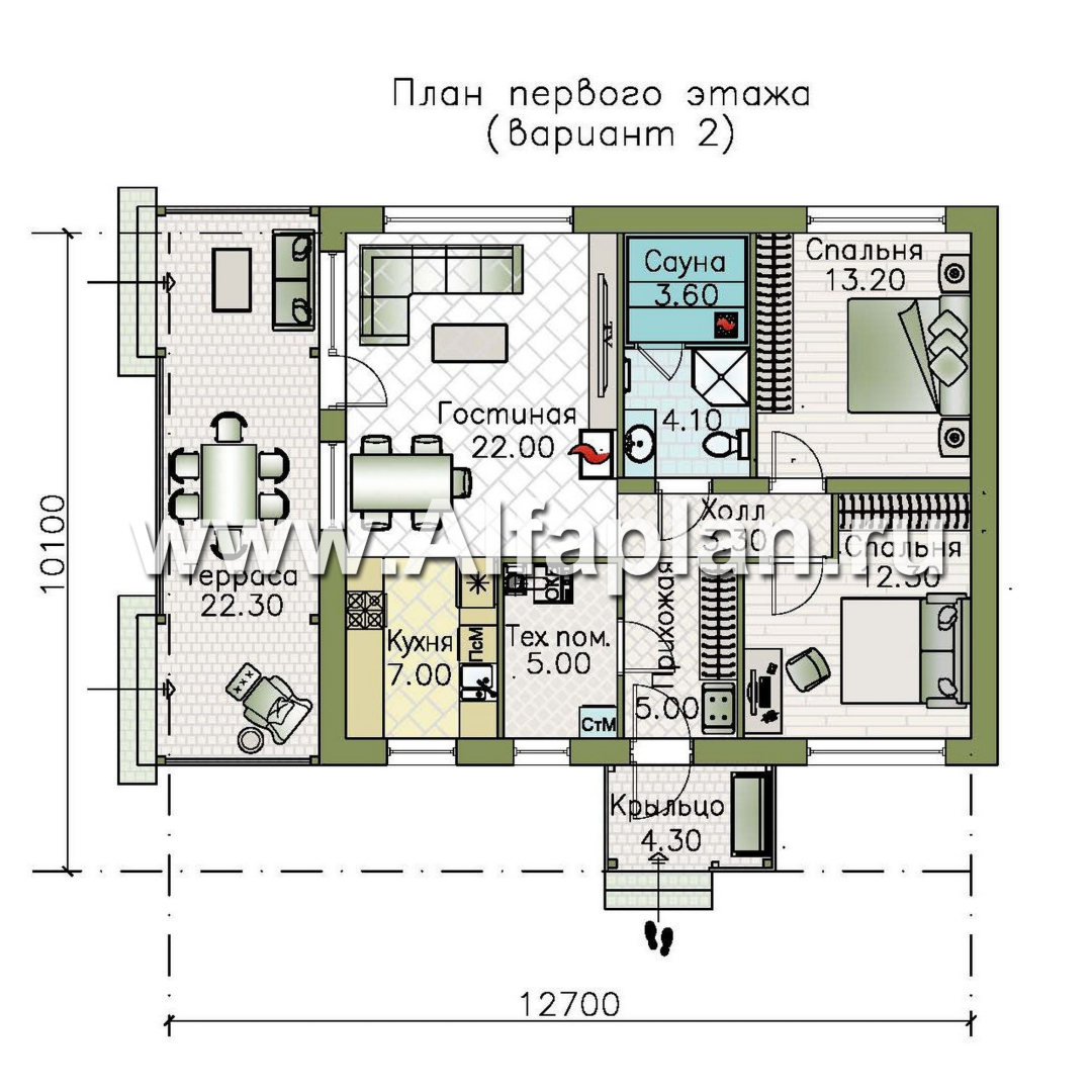 Проекты домов Альфаплан - "Литен" - проект маленького одноэтажного дома с комфортной планировкой, с террасой - изображение плана проекта №2