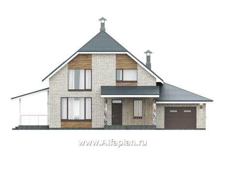 Проекты домов Альфаплан - "Династия" - проект дома с мансардой, мастер спальня, с террасой сбоку и гаражом с мастерской - превью фасада №1