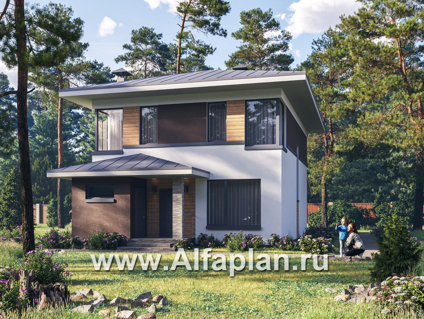 Проекты домов Альфаплан - "Генезис" - проект дома, 2 этажа, с террасой в стиле Райта - основное изображение