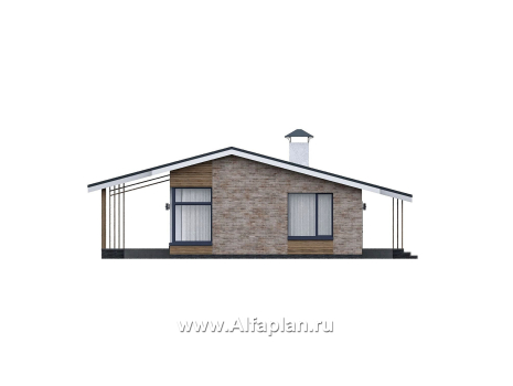 Проекты домов Альфаплан - "Алладин" - проект одноэтажного дома, мастер спальня, с террасой и красивым потолком гостиной со стропилами  - превью фасада №4