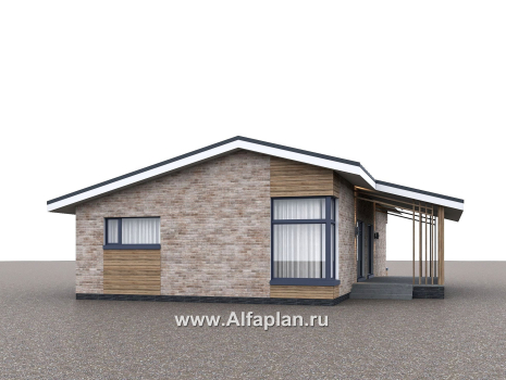 Проекты домов Альфаплан - "Алладин" - проект одноэтажного дома, мастер спальня, с террасой и красивым потолком гостиной со стропилами  - превью дополнительного изображения №1