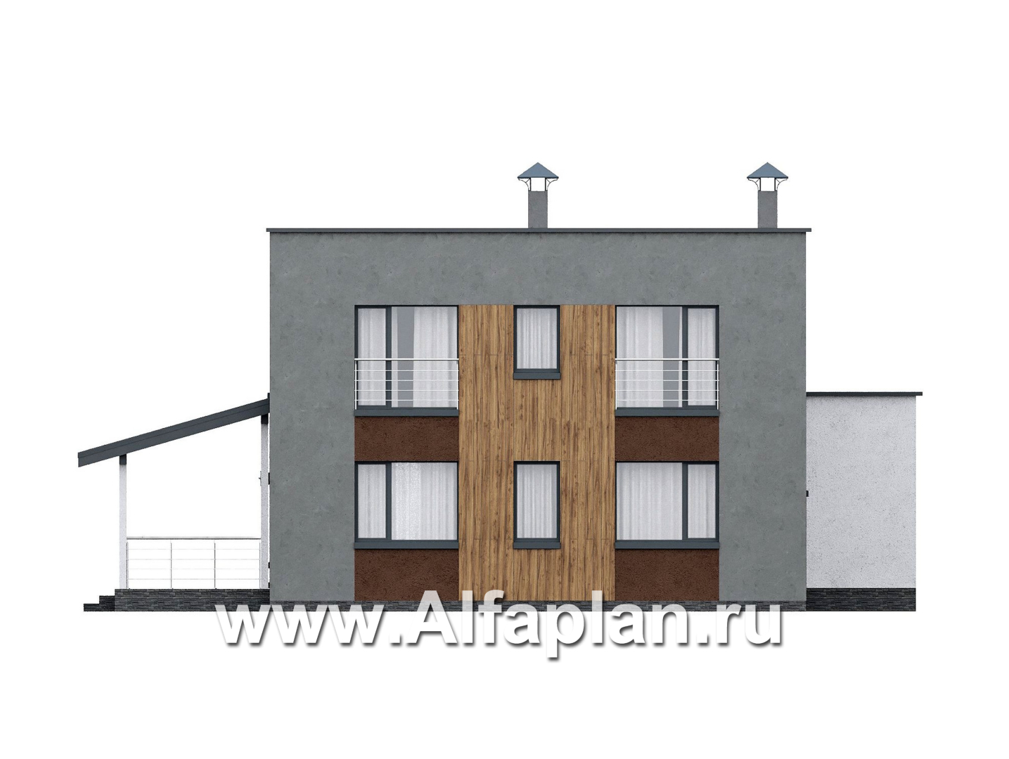 Проекты домов Альфаплан - "Коронадо" - проект дома, 2 этажа, со вторым светом гостиной, с террасой и плоской крышей, в стиле хай-тек  - изображение фасада №4