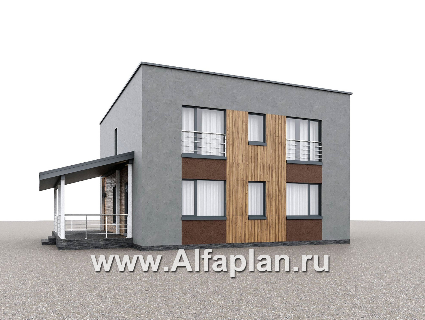 Проекты домов Альфаплан - "Коронадо" - проект дома, 2 этажа, со вторым светом гостиной, с террасой и плоской крышей, в стиле хай-тек  - дополнительное изображение №1