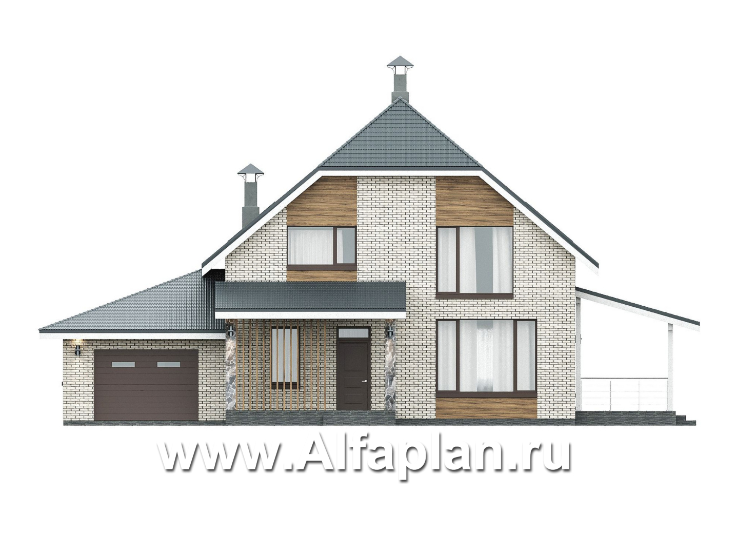 Проекты домов Альфаплан - "Династия" - проект дома с мансардой, мастер спальня, с террасой сбоку и гаражом с мастерской - изображение фасада №1