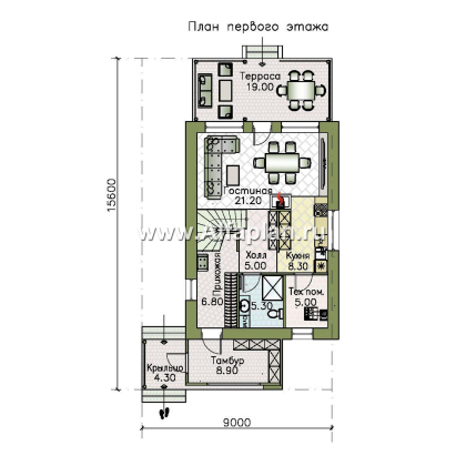 Проекты домов Альфаплан - "Викинг" - проект дома, 2 этажа, с сауной и с террасой, в стиле хай-тек - превью плана проекта №1