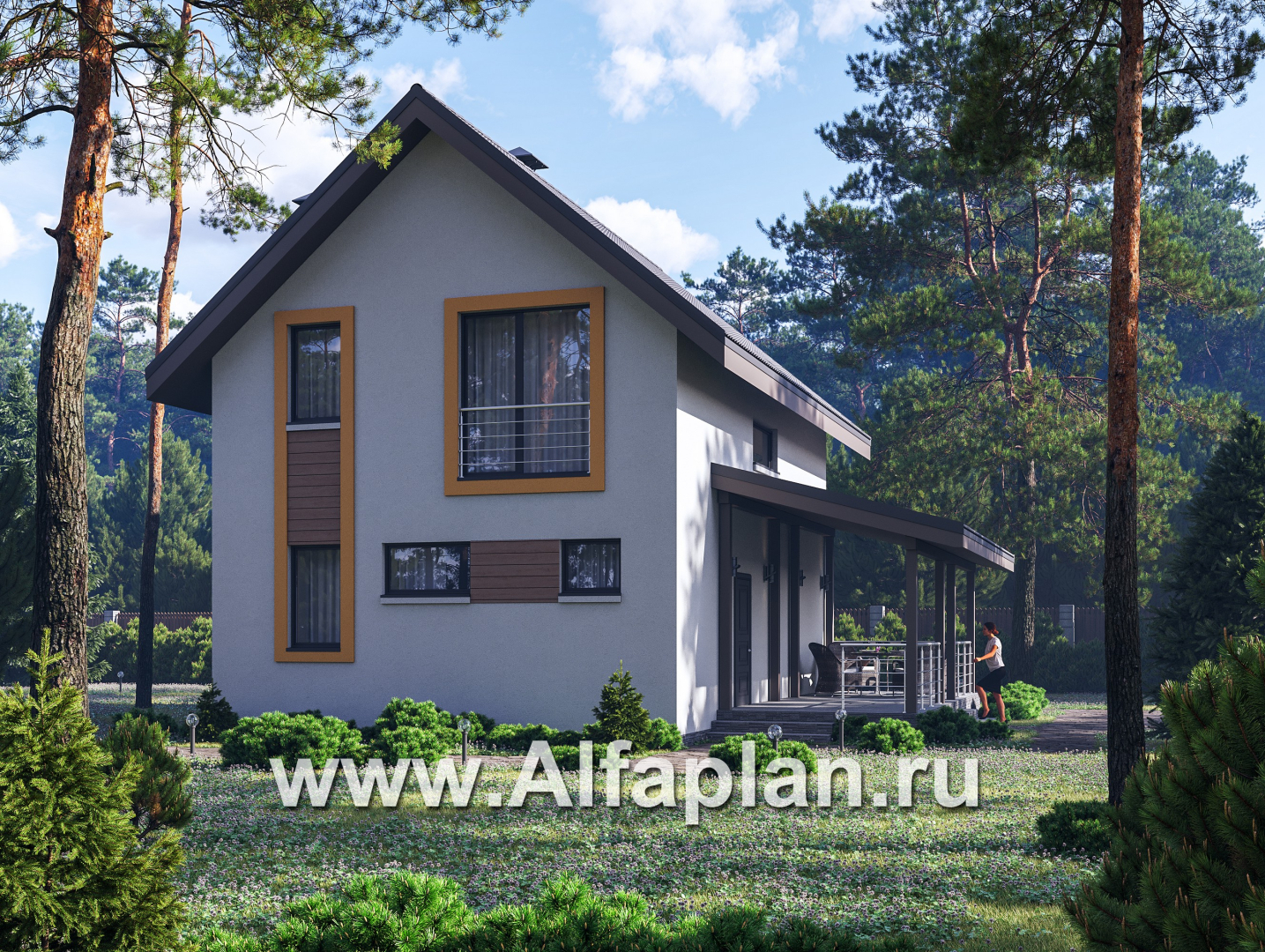 Проекты домов Альфаплан - "Викинг" - проект дома, 2 этажа, с сауной и с террасой сбоку, в скандинавском стиле - основное изображение