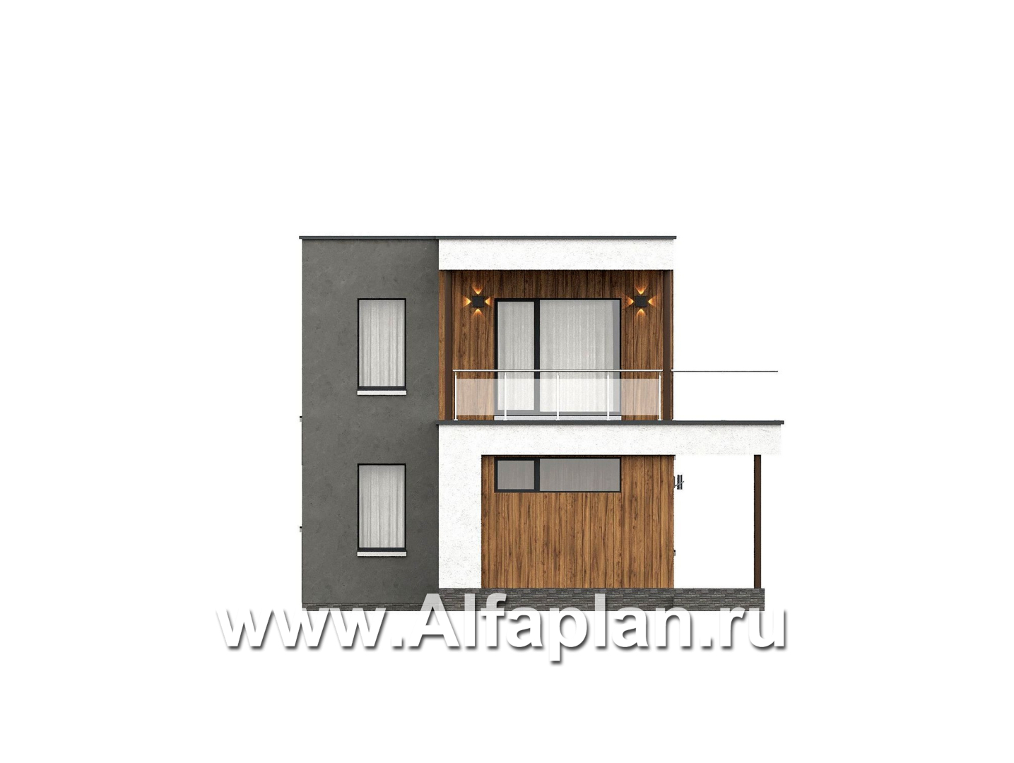 Проекты домов Альфаплан - "Викинг" - проект дома, 2 этажа, с сауной и с террасой, в стиле хай-тек - изображение фасада №1