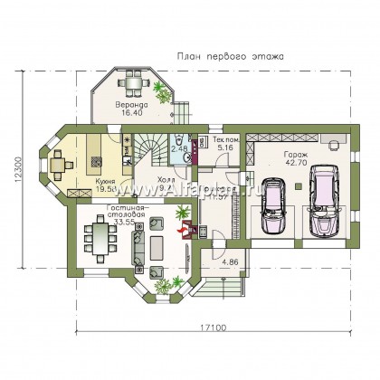 «Классика» - проект двухэтажного дома с эркером, планировка с террасой и с гаражом на 2 авто - превью план дома