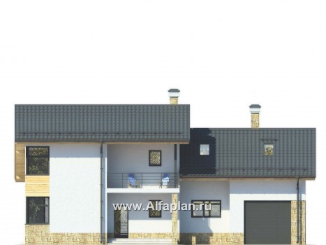 Проекты домов Альфаплан - Современный дом с гаражом и жилой мансардой - превью фасада №1