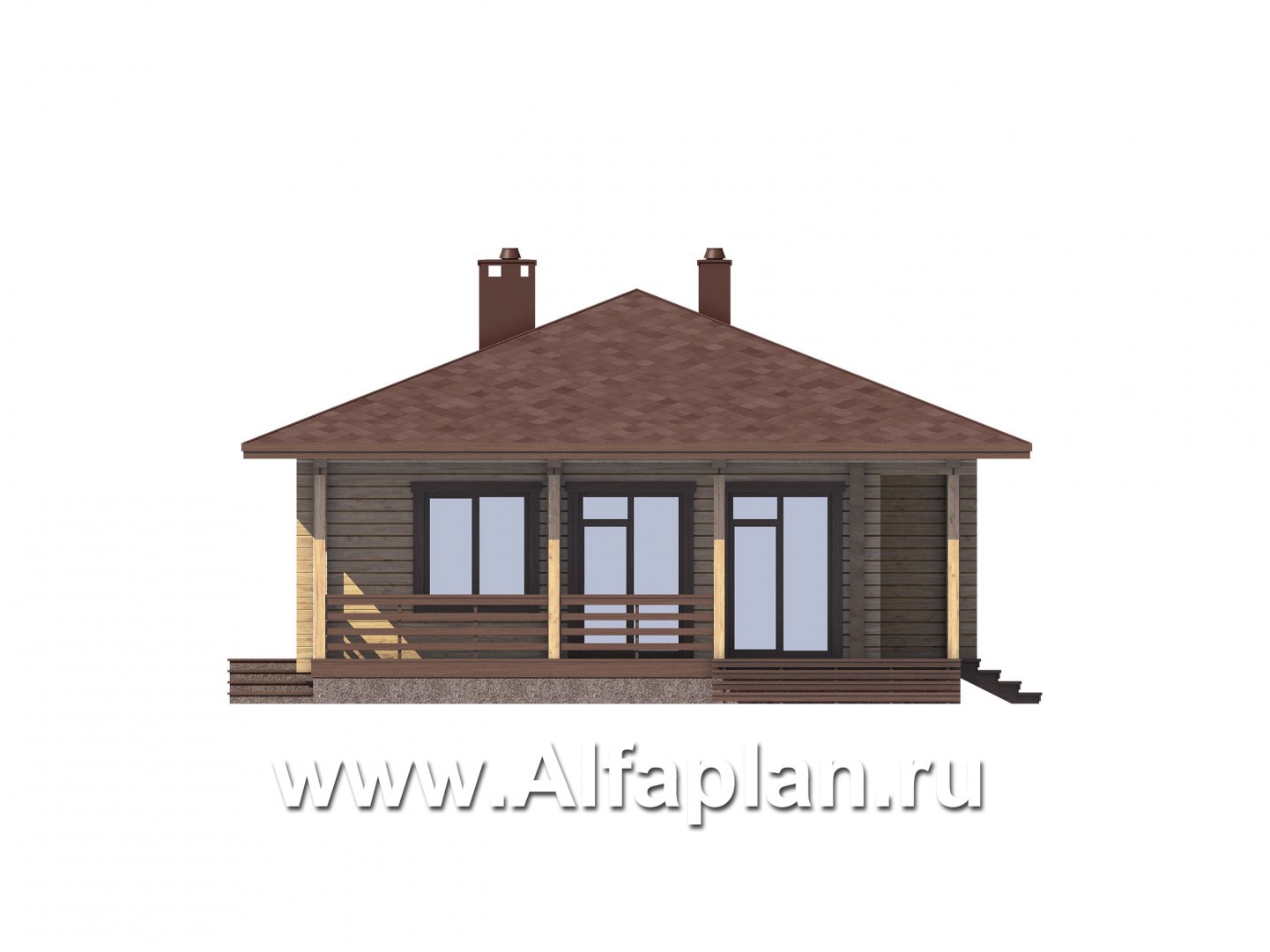 Проекты домов Альфаплан - Удобная дача из бревна с большой террасой и шатровой кровлей - изображение фасада №3