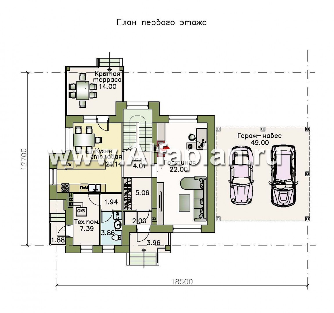 Проекты домов Альфаплан - «Verum» - двуxэтажный коттедж с компактным планом и навесом  для машин - план проекта №1
