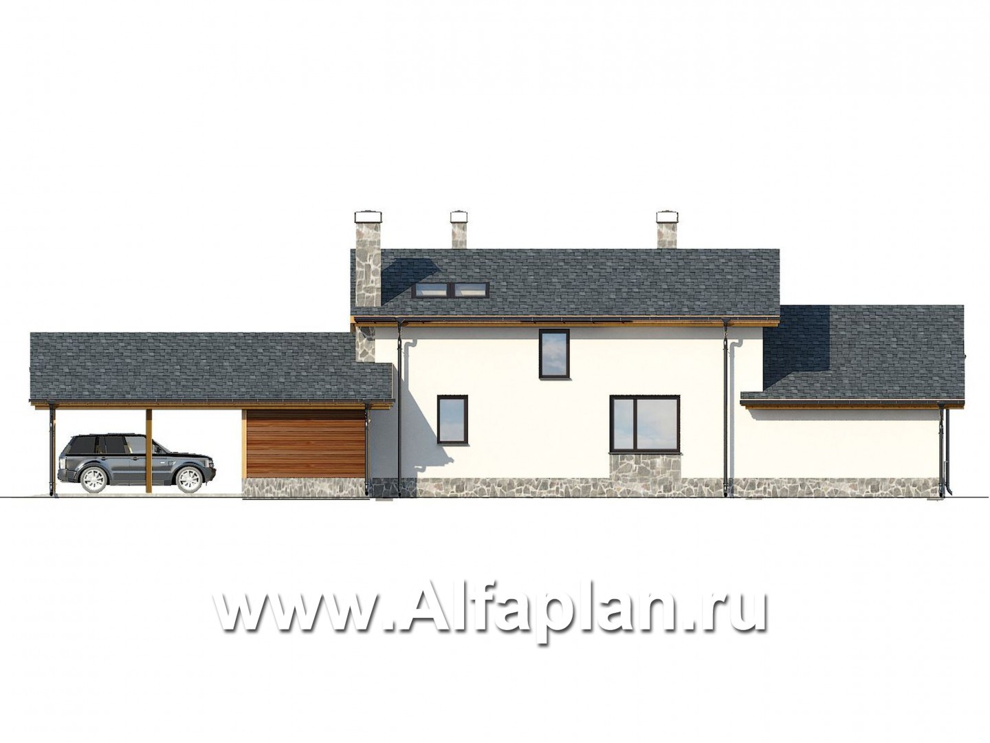 Проекты домов Альфаплан - Загородный дом с двумя спальными на 1-м этаже и навесом для двух авто - изображение фасада №3