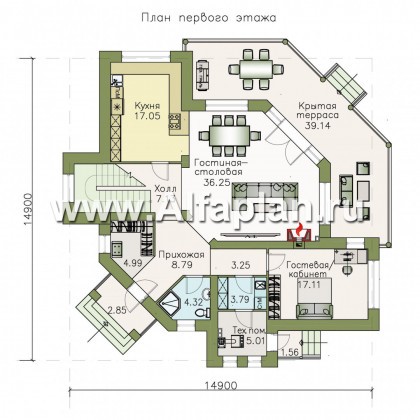 «Махаон» - проект красивого двухэтажного дома, с диагональным построением плана, с террасой - превью план дома