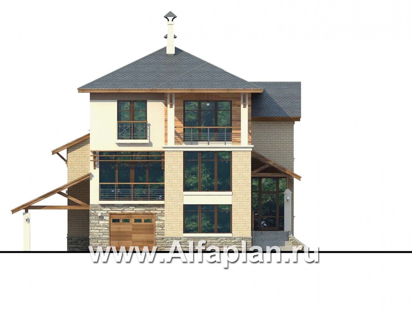 Проекты домов Альфаплан - Проект трехэтажного дома из газобетона «Аура», с гаражом в цоколе, с сауной и спортзалом, в современном стиле - изображение фасада №1