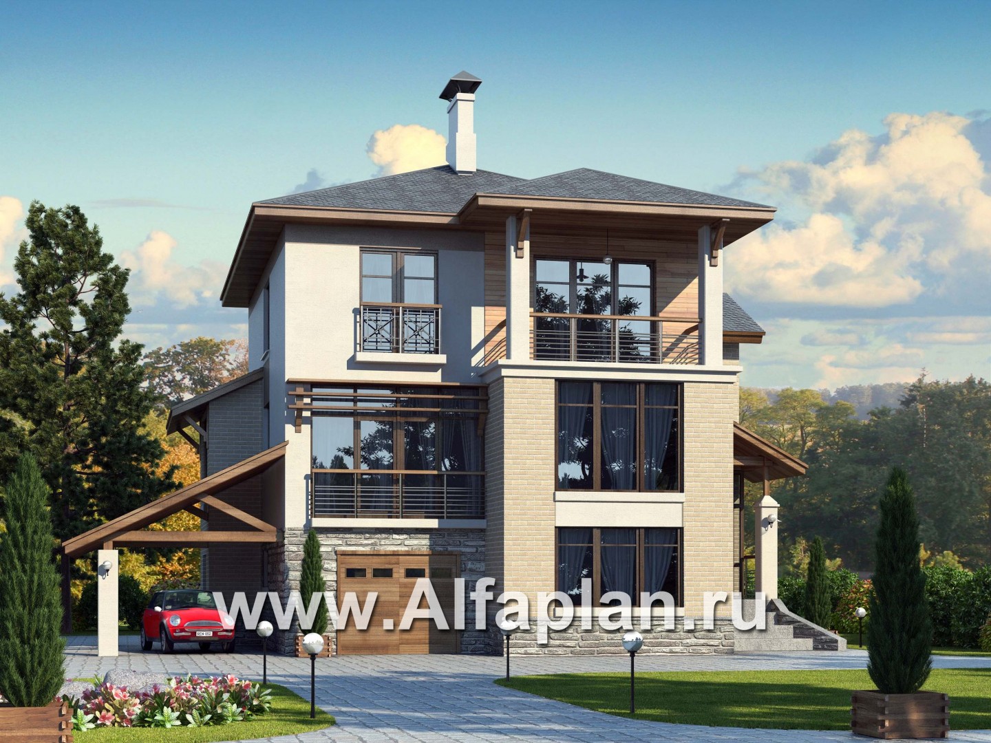 Проекты домов Альфаплан - Проект трехэтажного дома из газобетона «Аура», с гаражом в цоколе, с сауной и спортзалом, в современном стиле - основное изображение