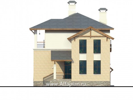Проекты домов Альфаплан - Проект трехэтажного дома из газобетона «Аура», с гаражом в цоколе, с сауной и спортзалом, в современном стиле - превью фасада №2