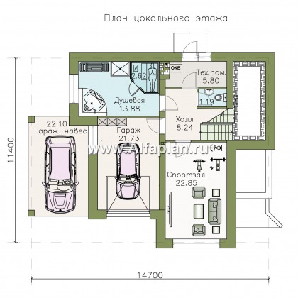 Проекты домов Альфаплан - Проект трехэтажного дома из газобетона «Аура», с гаражом в цоколе, с сауной и спортзалом, в современном стиле - превью плана проекта №1
