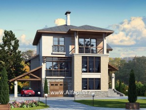 Проекты домов Альфаплан - Проект трехэтажного дома из газобетона «Аура», с гаражом в цоколе, с сауной и спортзалом, в современном стиле - превью основного изображения