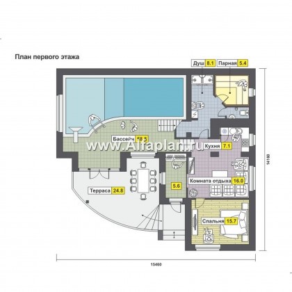 Проекты домов Альфаплан - Комфортабельный дом для отдыха с бассейном - превью плана проекта №1