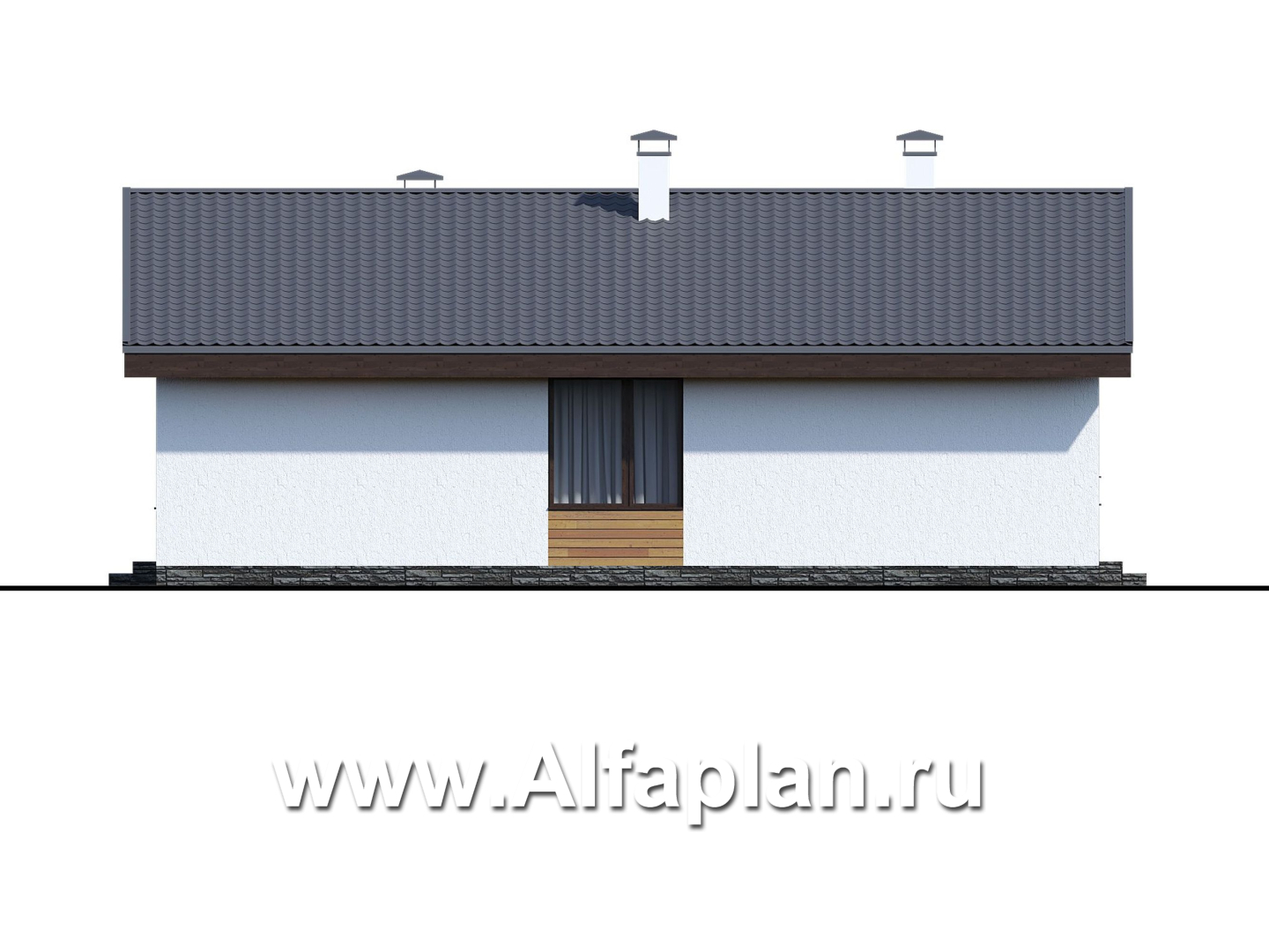 Проекты домов Альфаплан - «Дзета» - одноэтажный каркасный дом с просторной гостиной-столовой - изображение фасада №2
