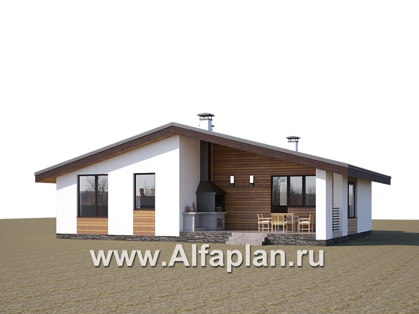 Проекты домов Альфаплан - «Дзета» - одноэтажный каркасный дом с просторной гостиной-столовой - дополнительное изображение №1
