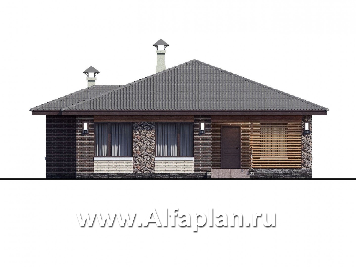 Проекты домов Альфаплан - «Волхов» - уютный одноэтажный коттедж с тремя спальнями - изображение фасада №1