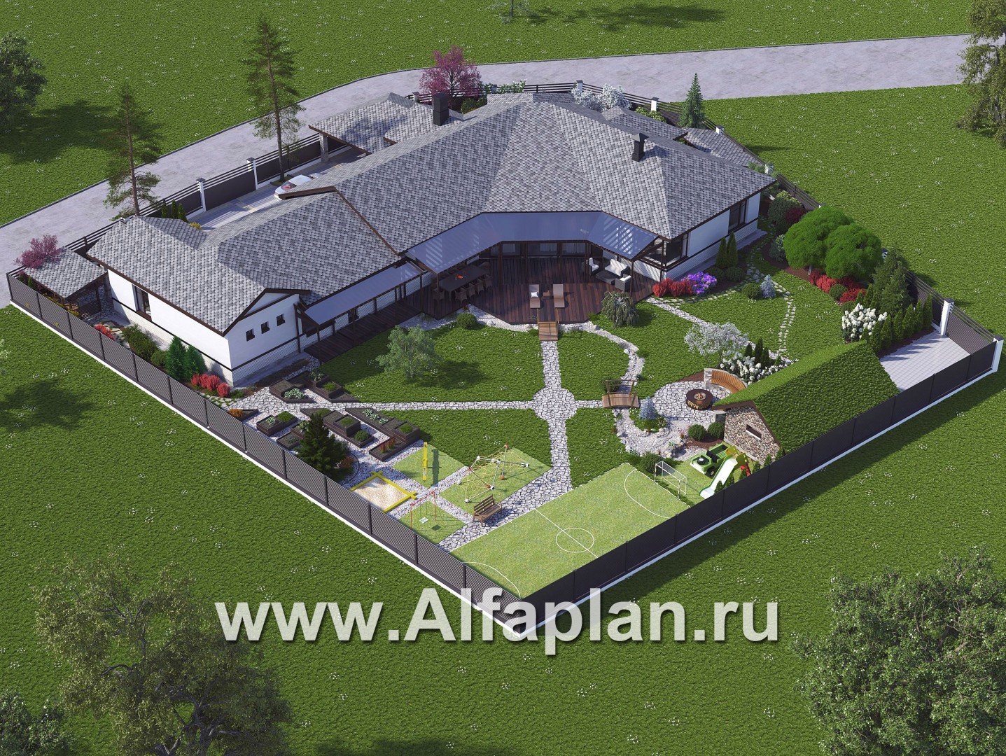 Проекты домов Альфаплан - «Модуль» — проект одноэтажного дома, со спортзалом и сауной, с бассейном и гостевой квартирой - дополнительное изображение №2