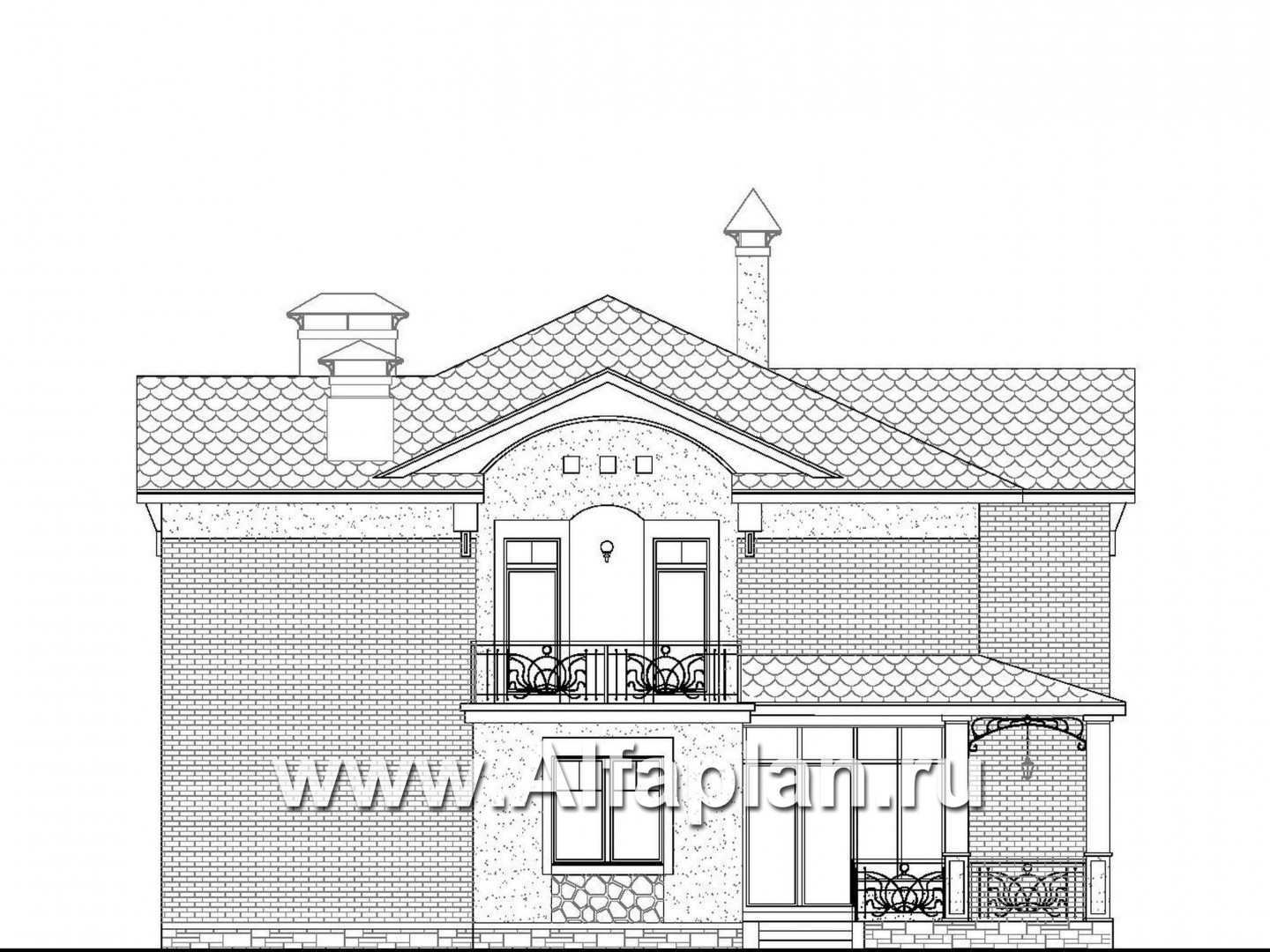 Проекты домов Альфаплан - «Голицын»- проект двухэтажного дома, с двусветной гостиной и с террасой, в стиле модерн и гаражом на 2 авто - изображение фасада №3