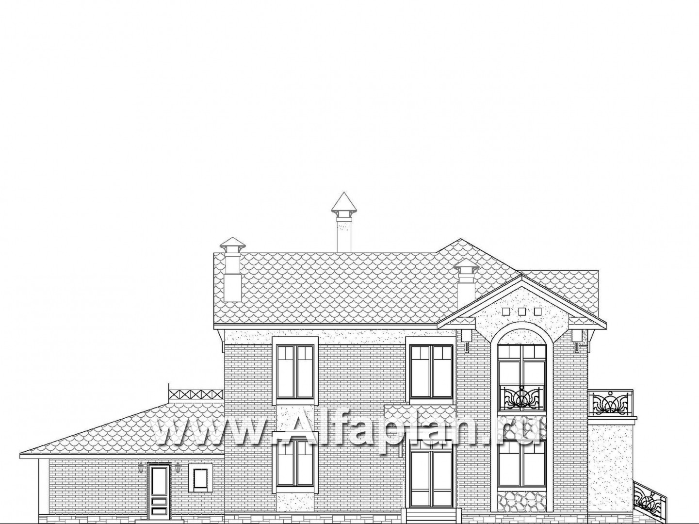 Проекты домов Альфаплан - «Голицын»- проект двухэтажного дома, с двусветной гостиной и с террасой, в стиле модерн и гаражом на 2 авто - изображение фасада №4