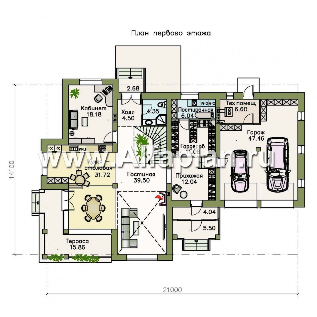 Проекты домов Альфаплан - «Голицын»- проект двухэтажного дома, с двусветной гостиной и с террасой, в стиле модерн и гаражом на 2 авто - план проекта №1