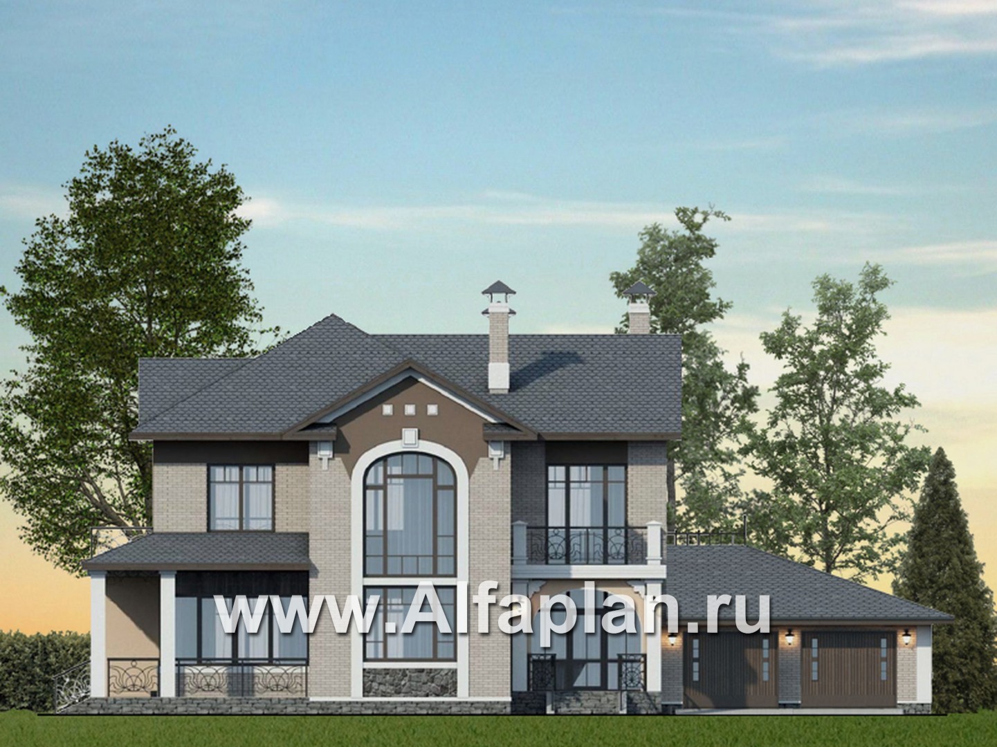 Проекты домов Альфаплан - «Голицын»- проект двухэтажного дома, с двусветной гостиной и с террасой, в стиле модерн и гаражом на 2 авто - основное изображение