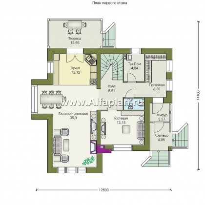 Проекты домов Альфаплан - «Зонненхаус» - коттедж  с солнечной гостиной - превью плана проекта №1