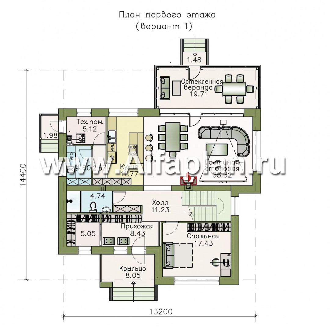 Проекты домов Альфаплан - «Мотив» - стильный двухэтажный коттедж с верандой - план проекта №1
