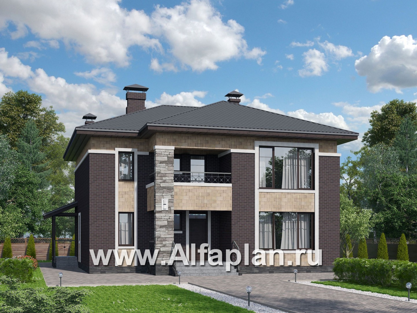 Проекты домов Альфаплан - «Мотив» - стильный двухэтажный коттедж с верандой - основное изображение