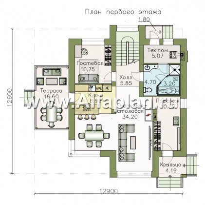 Проекты домов Альфаплан - «Печора» - стильный двухэтажный коттедж - превью плана проекта №1