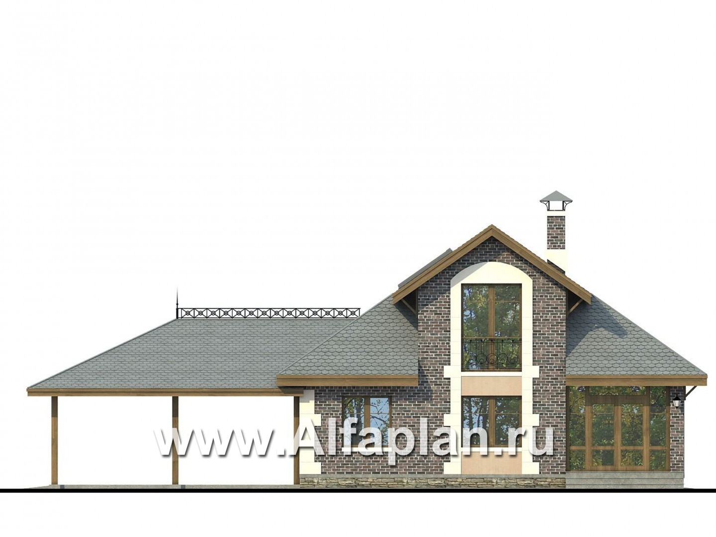 Проекты домов Альфаплан - «Замечательный сосед» - проект дома с мансардой из газоблоков, с террасой, с нaвесом на 2 авто - изображение фасада №1