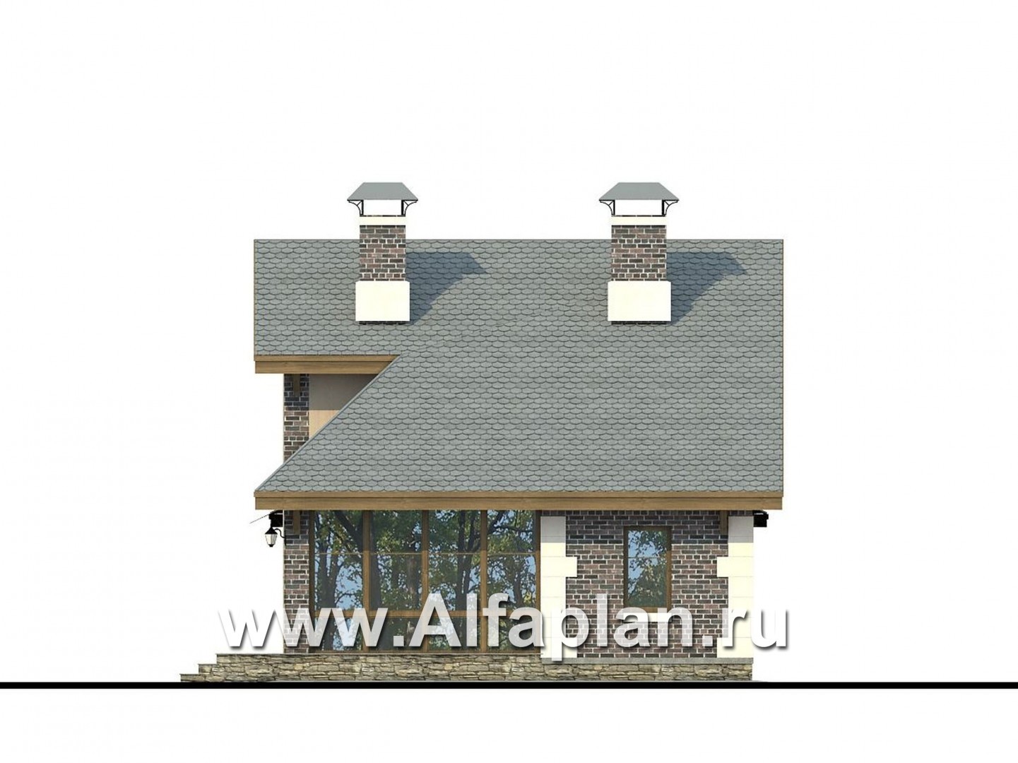 Проекты домов Альфаплан - «Замечательный сосед» - проект дома с мансардой из газоблоков, с террасой, с нaвесом на 2 авто - изображение фасада №2