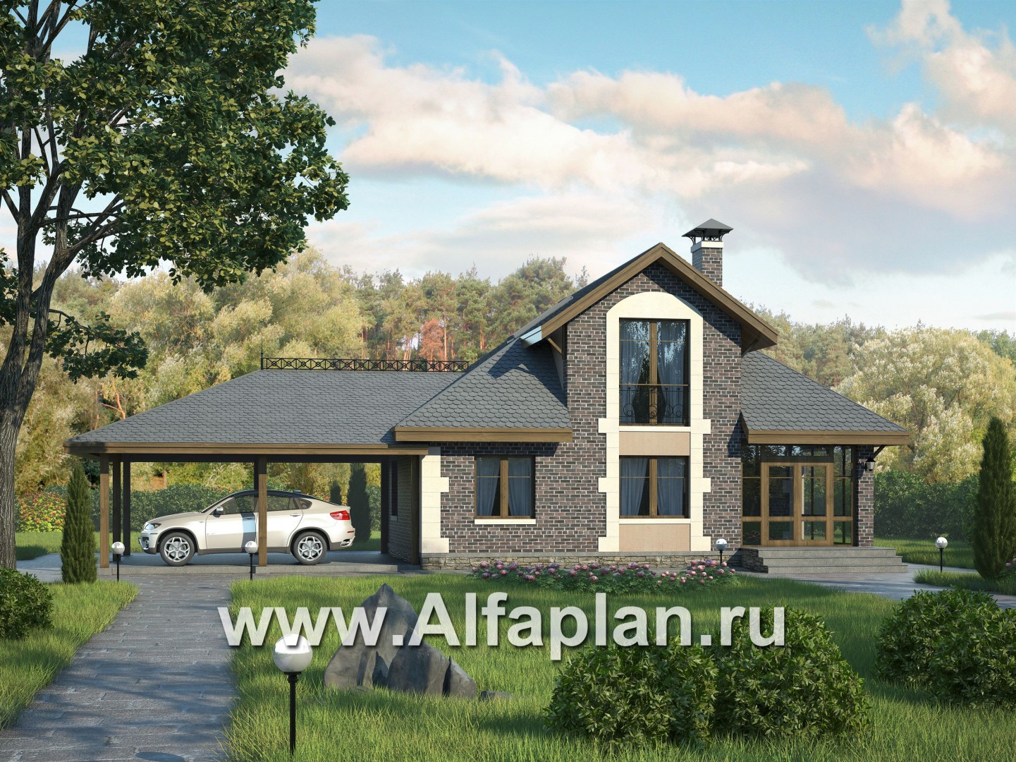 Проекты домов Альфаплан - «Замечательный сосед» - проект дома с мансардой из газоблоков, с террасой, с нaвесом на 2 авто - основное изображение